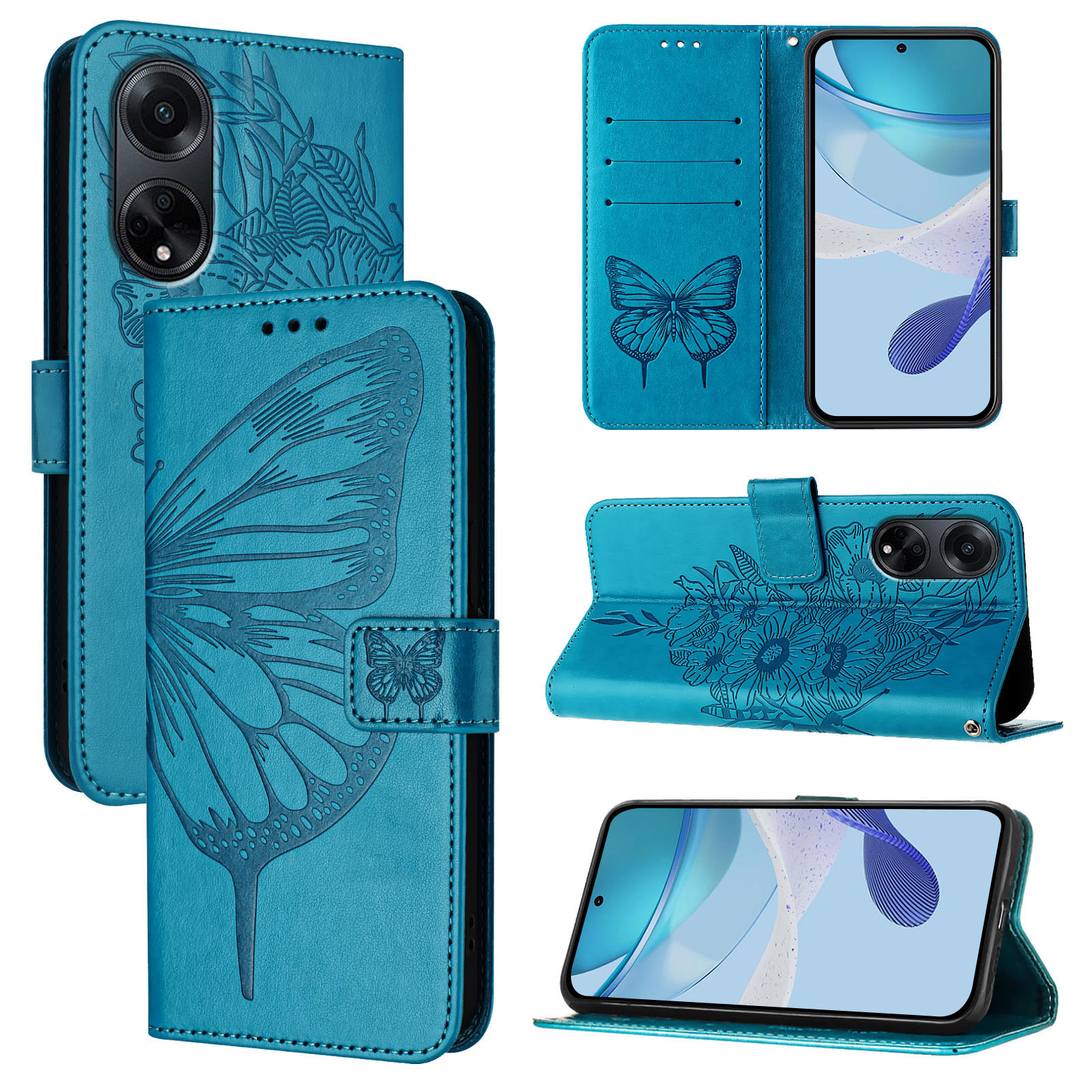 Étui portefeuille à rabat en cuir PU pour Oppo A60 4G, coque de téléphone, porte-cartes papillon, pour OPPO A60 A38 A18 4G A98 5G: ABS / Bleu
