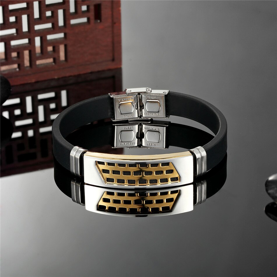 Fgift OL Geometrische Armbinde Edelstahl Charme Schwarz Silikon Gürtel Armbänder für Männer Frauen Armreifen Pulseira