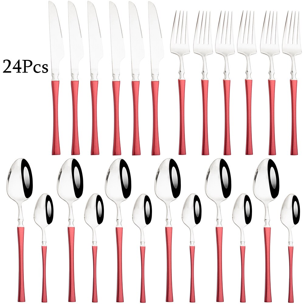 Couverts arc-en-ciel en acier inoxydable 304, 24 pièces, miroir, vaisselle, couteau, fourchette, cuillère à thé, couverts de cuisine, service d'argenterie: Red silver