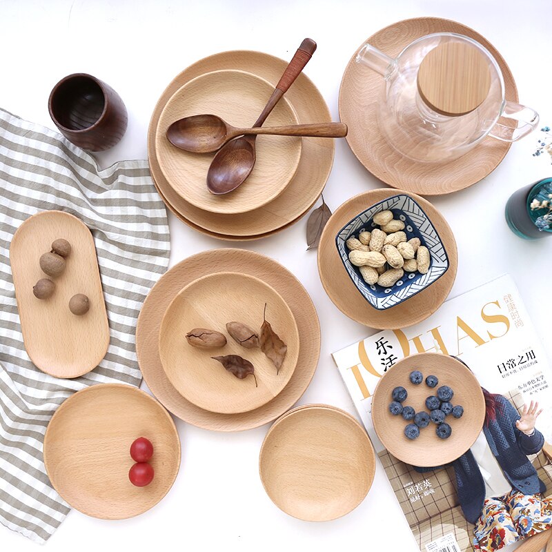 Fresh keeping tray bamboo bowl plate solid wood dividing food plate fruit plate solid wood western food tray