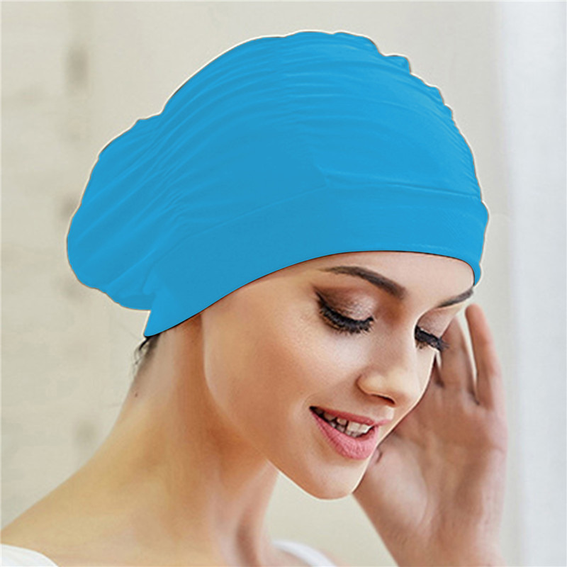 Gorro de baño de nailon elástico para mujer y niña, gorro de baño de pelo largo, drapeado elástico, tamaño libre, turbante deportivo para piscina: Gris claro