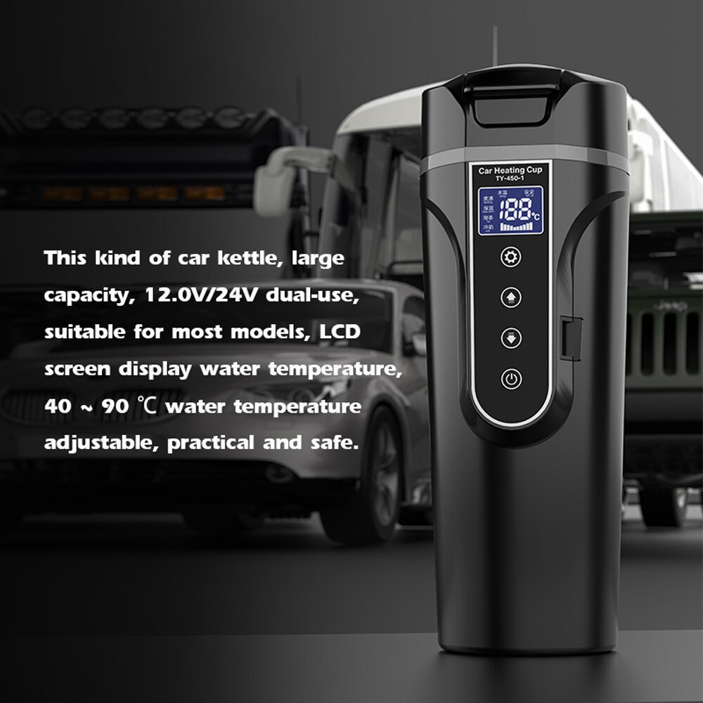12V/24V 450ml czajnik samochodowy zaawansowany samochód elektryczny podgrzewany kubek zatrzymywanie ciepła gospodarstwa domowego podgrzewany termo wyświetlacz LCD podgrzewacz dla automatyczny