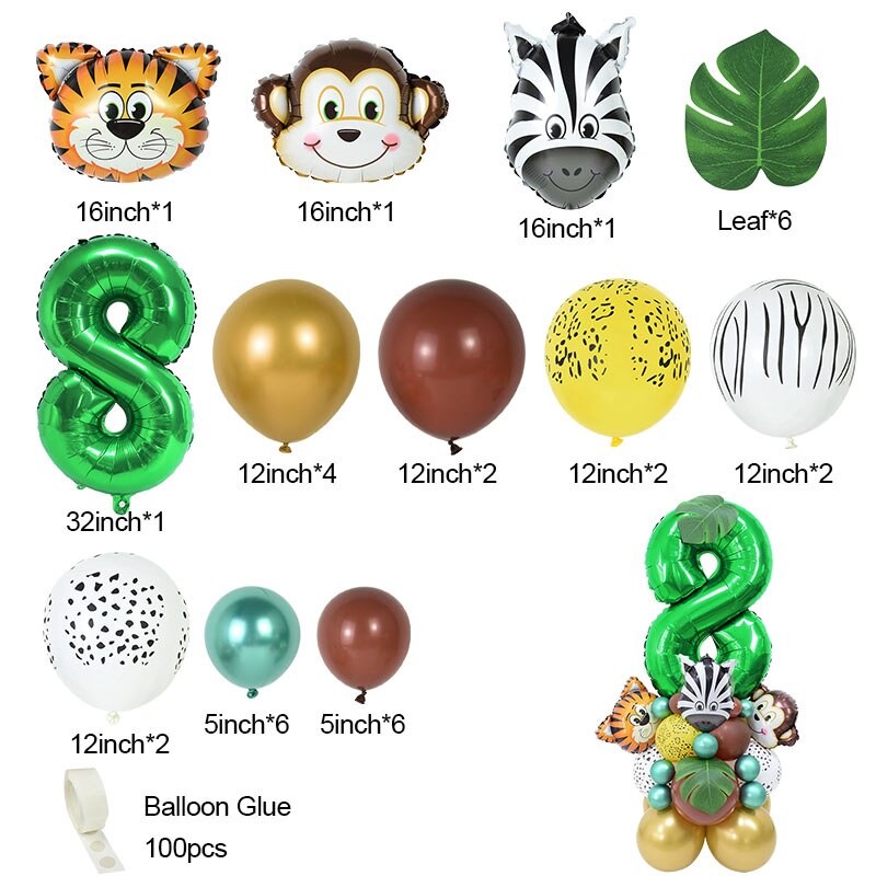 Conjunto de globos con número de animales de Safari para niños, decoración para de cumpleaños de 1 a 9 años, suministros para Baby Shower, 35 piezas: Number8 Set