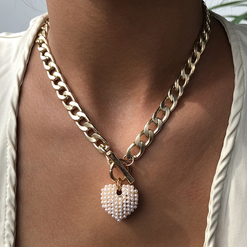 KMVEXO punk Simulato Perla del Cuore di Amore Del Pendente Della Collana Delle Donne di Spessore Chiusura alternare Coppia Del Partito Dei Monili Collane Regalo Di Natale