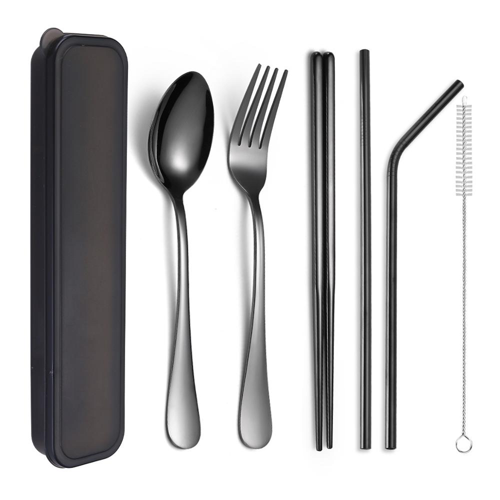 Food Grade 304 Stainless Steel Cutlery Set Silverware with Metal Straw Knife Fork Spoon Chopsticks 8Pcs Portable Travel Flatware: 7pcs black set
