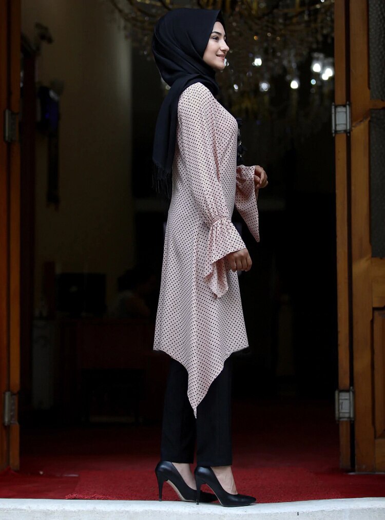 KALENMOS caftan musulman Abaya robe femmes été imprimé points Hijab longue Blouse hauts manches évasées asymétrique ourlet robes islamiques