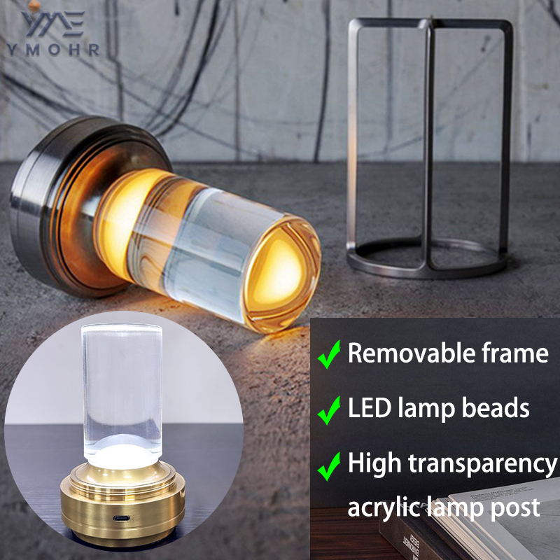 LED-lantaarn metalen frame tafellamp onzichtbare aanraakbediening modern draagbaar nachtlampje oplaadbaar met kristallen kolom LED-lamp