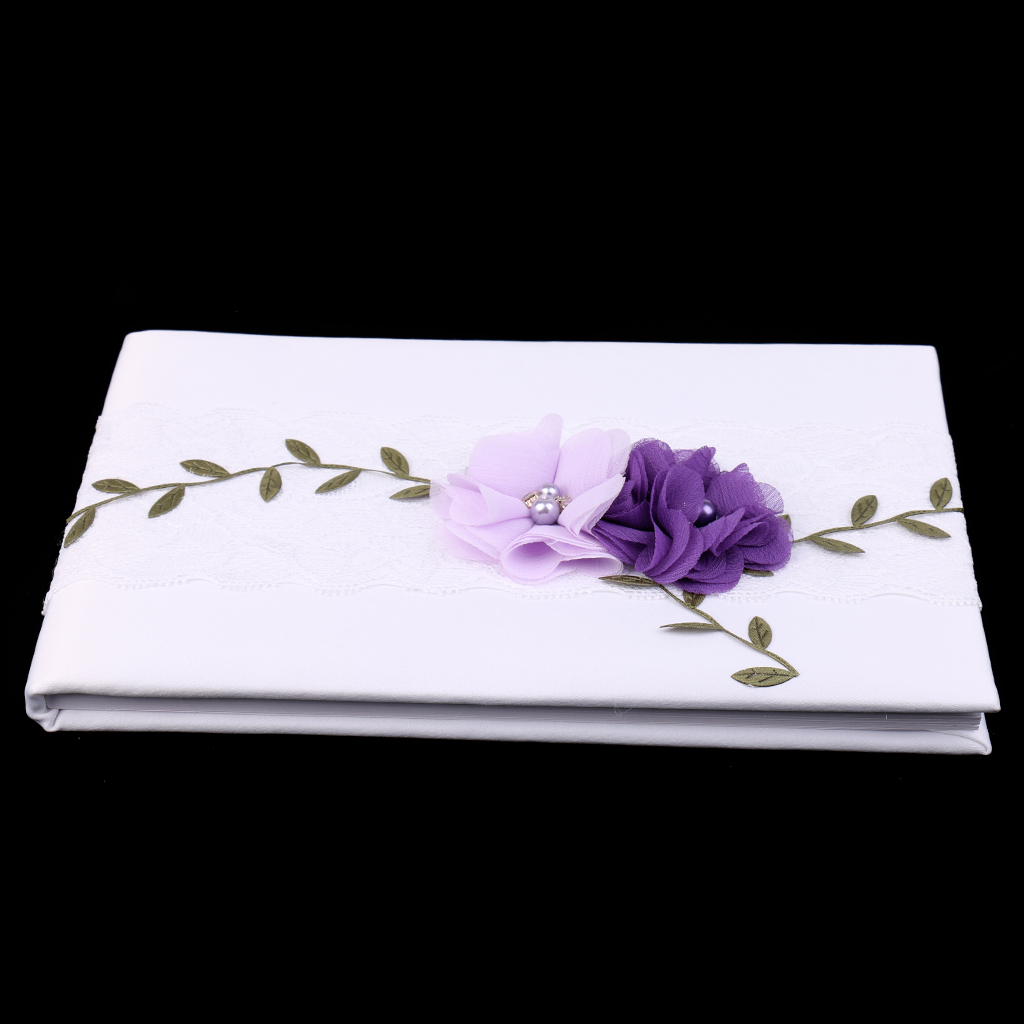 White Satin Purple Floral Wedding Guest Book Signature Book Supplies