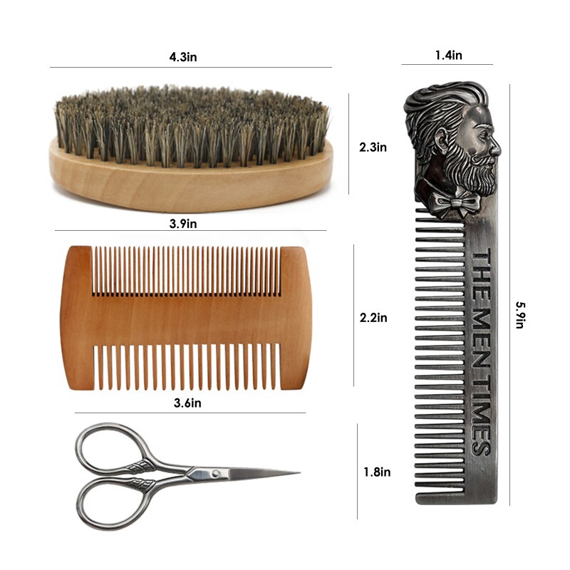 4 Pieces Wood Beard Kit Beard Brush Set Double-sided Styling Comb Scissor Repair Modeling Cleaning Care Kit