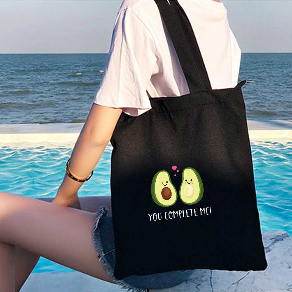 Cute Couple Avocado Print Large Capacity Canvas Tote Bag Cotton Cloth Reusable Shopping Bag Women Beach Handbags Shopping Bags: A214BLACK