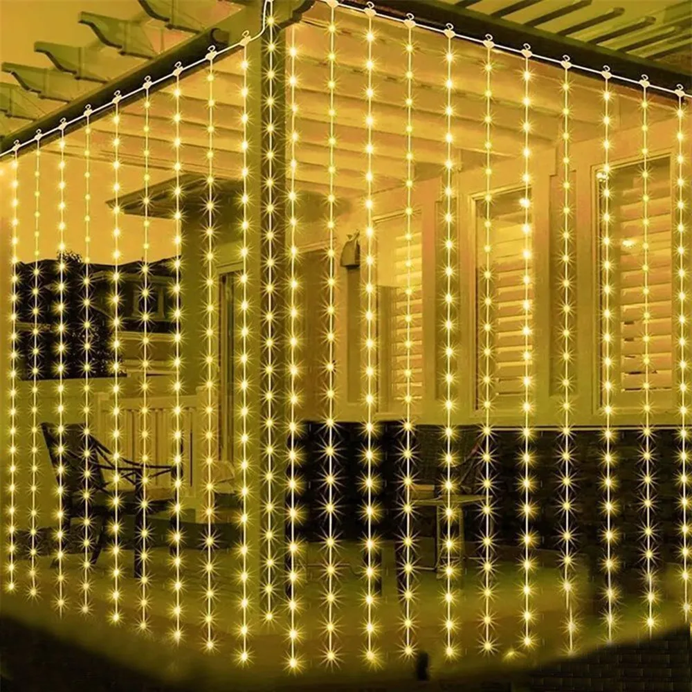 3x3M 300Leds Solar Curtain String Lights Outdoor Waterproof Garden Decoration Fairy Garland 8 Lighting Modes Wedding Lighting
