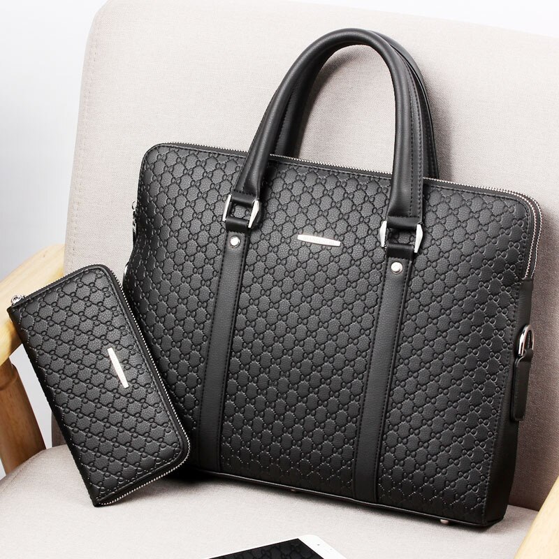 Men Briefcase Shoulder Bag Male Crossbody Bag 14 Inch Laptop Bag Travel Bag Man Double Layers Handbag: Black with Wallet