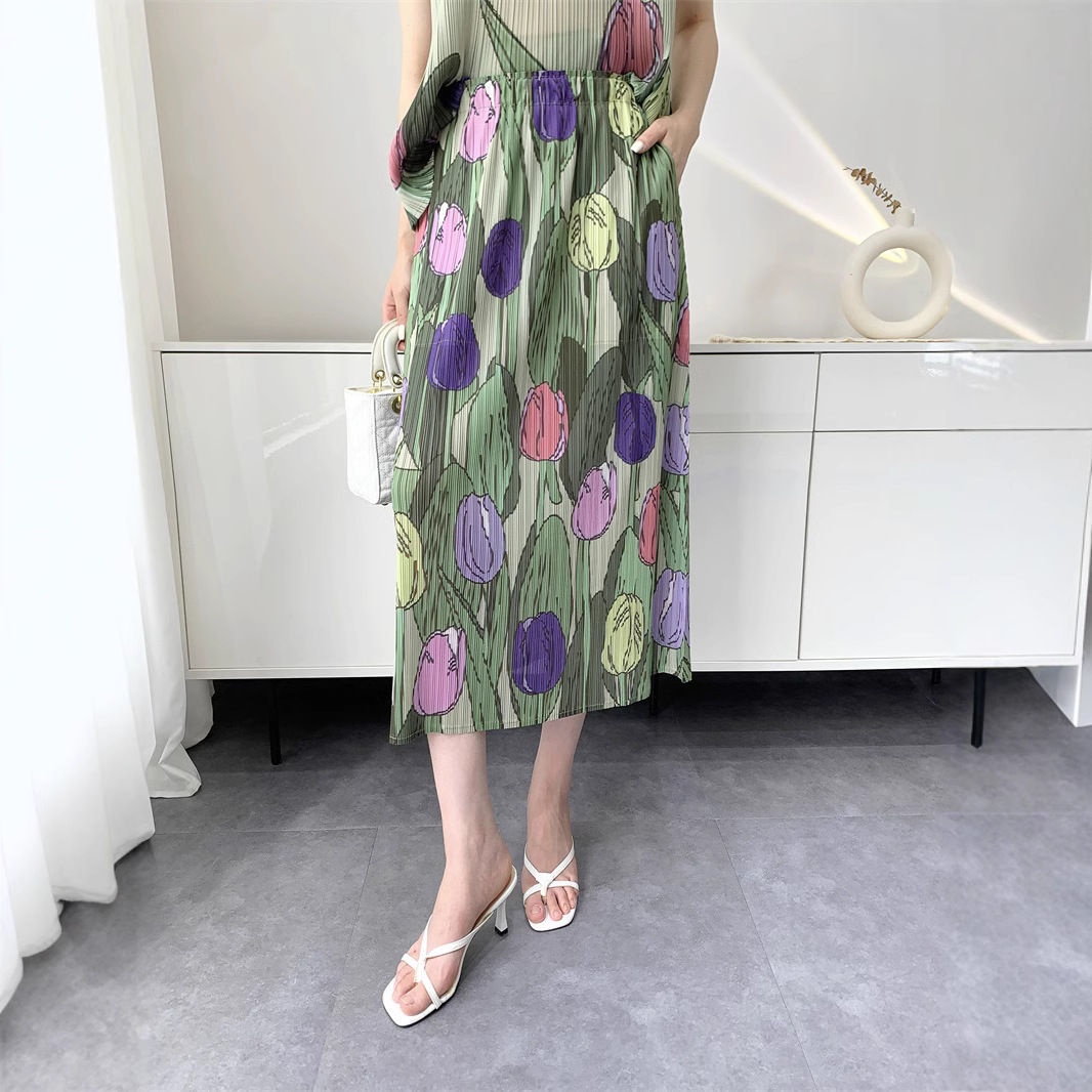 Miyake Wind Plissee Druck Anzug Frauen 2025, Sommer Neue Bequeme Top + Halb Rock Temperament Alterung Anzug