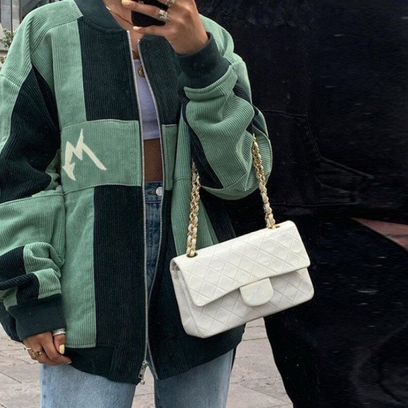 Fermeture éclair contraste décontracté velours côtelé femme veste surdimensionné manteau chauve-souris manches Streetwear femme hauts à la automne