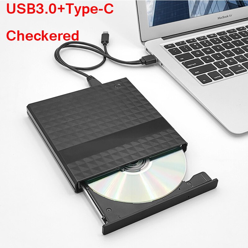 KuWFi-grabador de DVD externo USB 3,0 tipo C, Unidad óptica, reproductor de CD/DVD ROM para ordenador portátil, MACs OS, Windows XP/7/8/10: Checkered