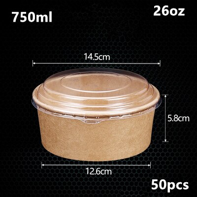 Cuenco de papel desechable de gran tamaño para ensalada de frutas, paquete de comida rápida, almacenamiento de comida para llevar, paquete de cumpleaños para exteriores, 50 unids/paquete: 750ml with lid