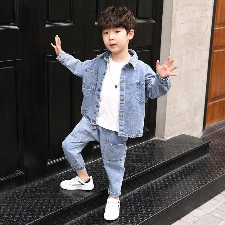 Baby boys clothes sets 4-13 years old spring and autumn 2-pieces-sets Korean Solid color big pocket denim suit coat +jeans