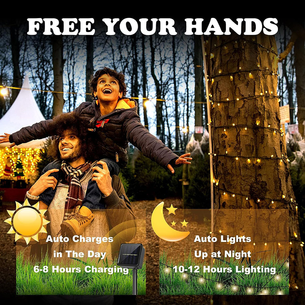 Guirnaldas de luces alimentadas por energía Solar, 8 modos, iluminación exterior, luces navideñas impermeables para decoración de jardín, boda, césped y