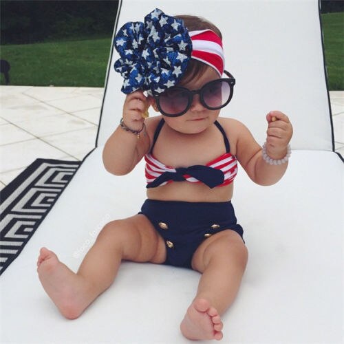 Crianças quentes bebê menina listrado bikini 2 pçs conjunto + bandana listrado halter maiô bonito doce beachwear maiô novo 0-4y