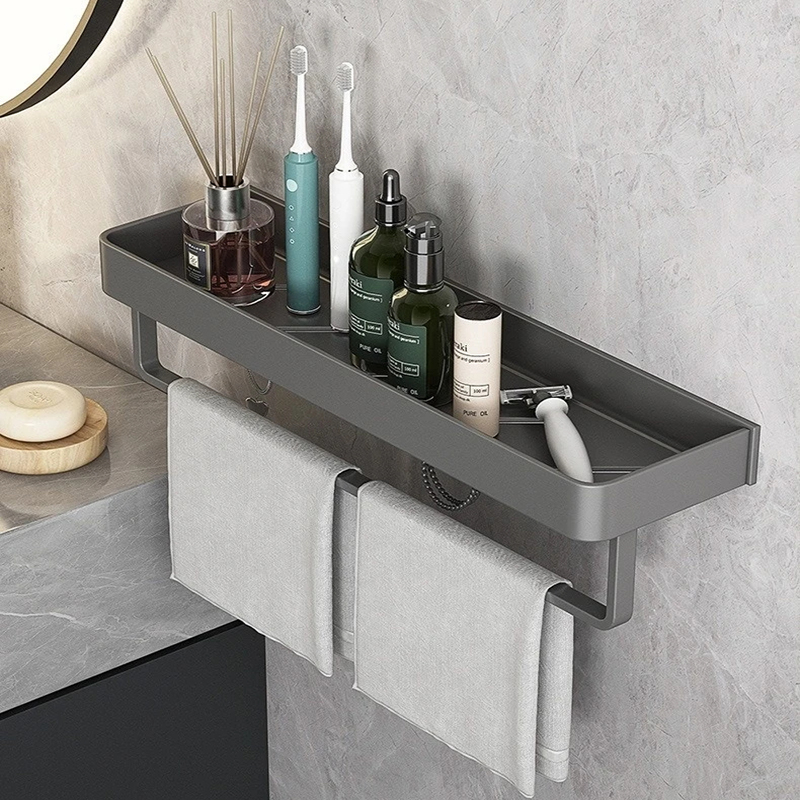 Bathroom Shelf Convenient Punch-free Gray Wall-mounted Towel Rack Bathroom Household Items Bathroom Home Practical Storage Rack