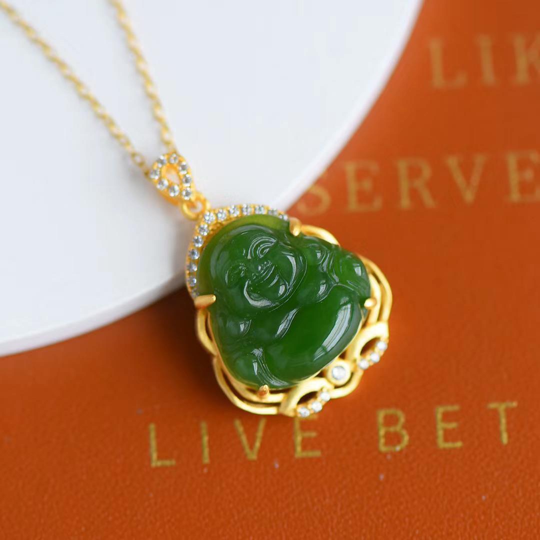 Selected Natural Hetian Jade Green Jade Small Maitreya Smiling Buddha Pendant S925 Sterling Silver Necklace for: Default Title