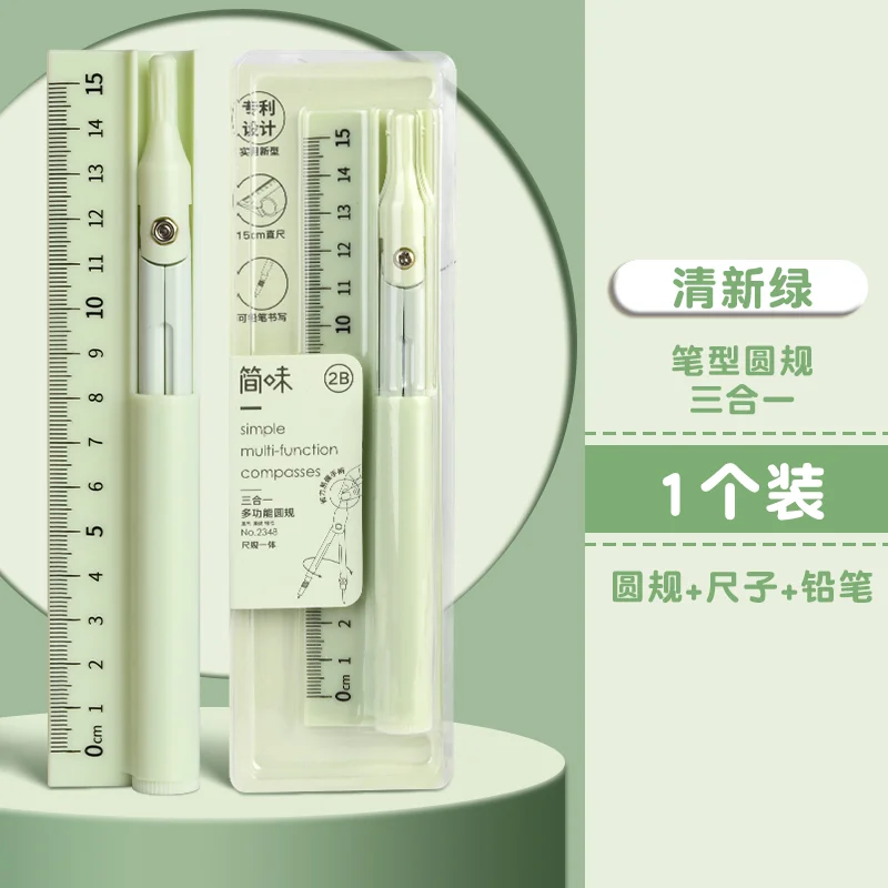 Multi Functional Three in One Compass and Ruler Set Plastic Ruler with Metal Compass for Pencil Learning and School Use Perfect: green