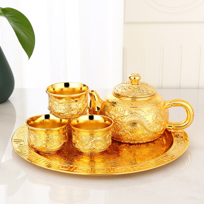 Retro Tea Wine Set European High-end Golden Tea Set Small Set Full Set of Dragon and Phoenix Teapot and Cup