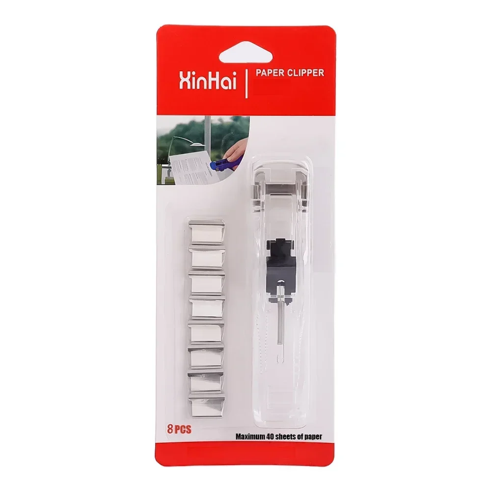 Staple Metal Clip Push Hand Paper Clipper with Refill Fixing Organizing Stapler Reusable Push Clamp for Document File Stationery: Burgundy