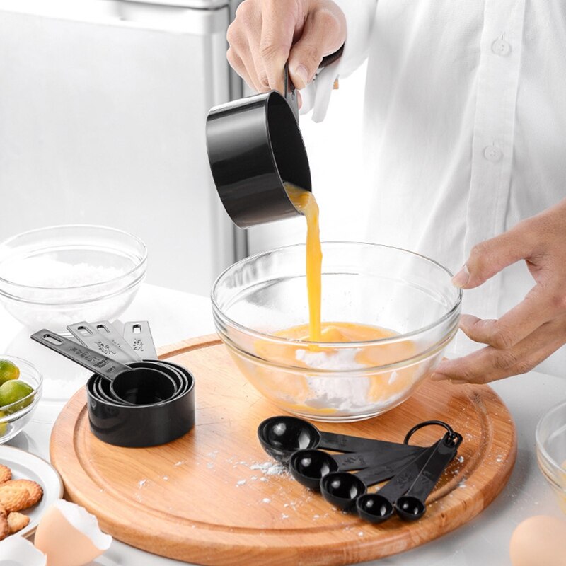 5pcs Plastic Kitchen Measuring Cups and Measuring Spoons Set Black PP Measure Cup Spoon Kit Home Baking Measurement Tool