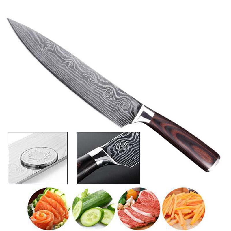 FHEAL Keukenmes 8 inch Professionele Chef Messen Japanse 7Cr17Mov High Carbon Roestvrij Staal Vlees Damascus Mes Kleur Hout