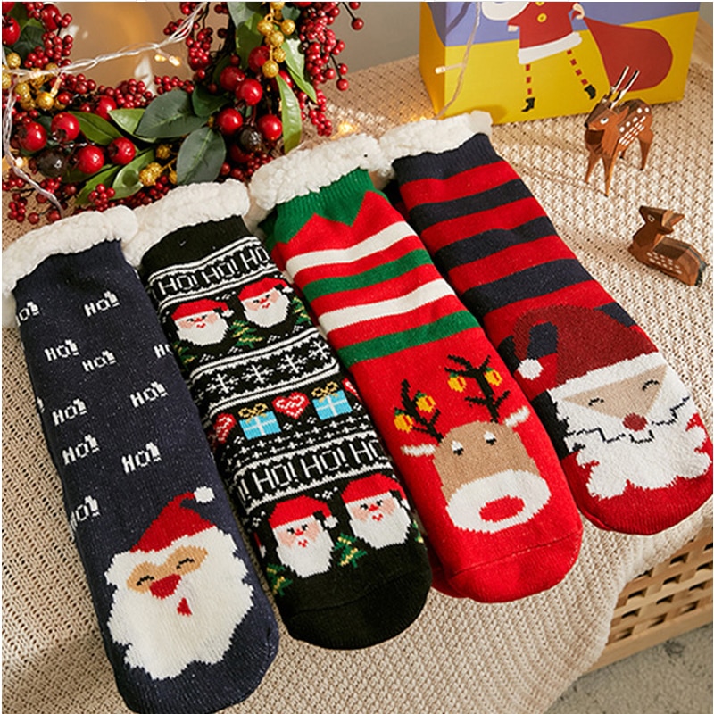 Chaussettes de noël, pour adultes, pour adultes, pour noël, en cerf, pour père noël, chaudes, douces, d'hiver, épaisses, antidérapantes, pour dormir, Midi