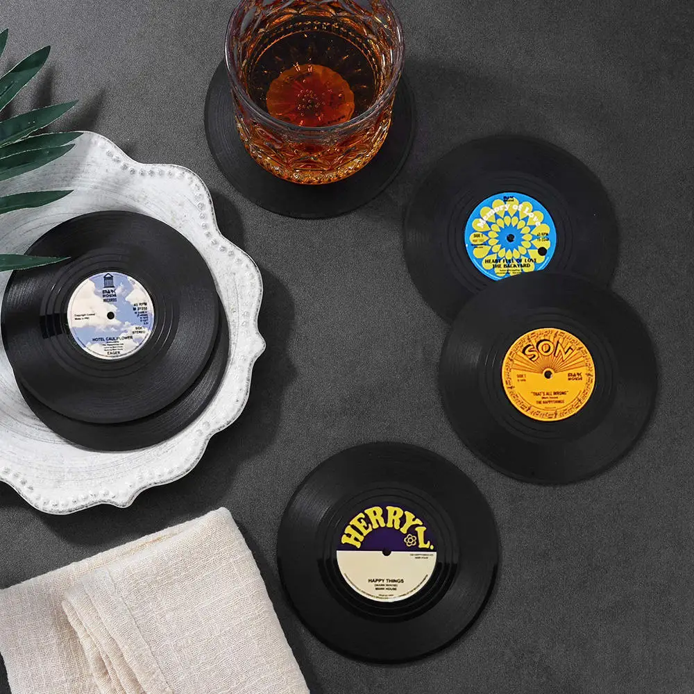 Posavasos de música de vinilo, juego de 6 con soporte para tocadiscos, posavasos de disco de registro Retro, alfombrilla creativa