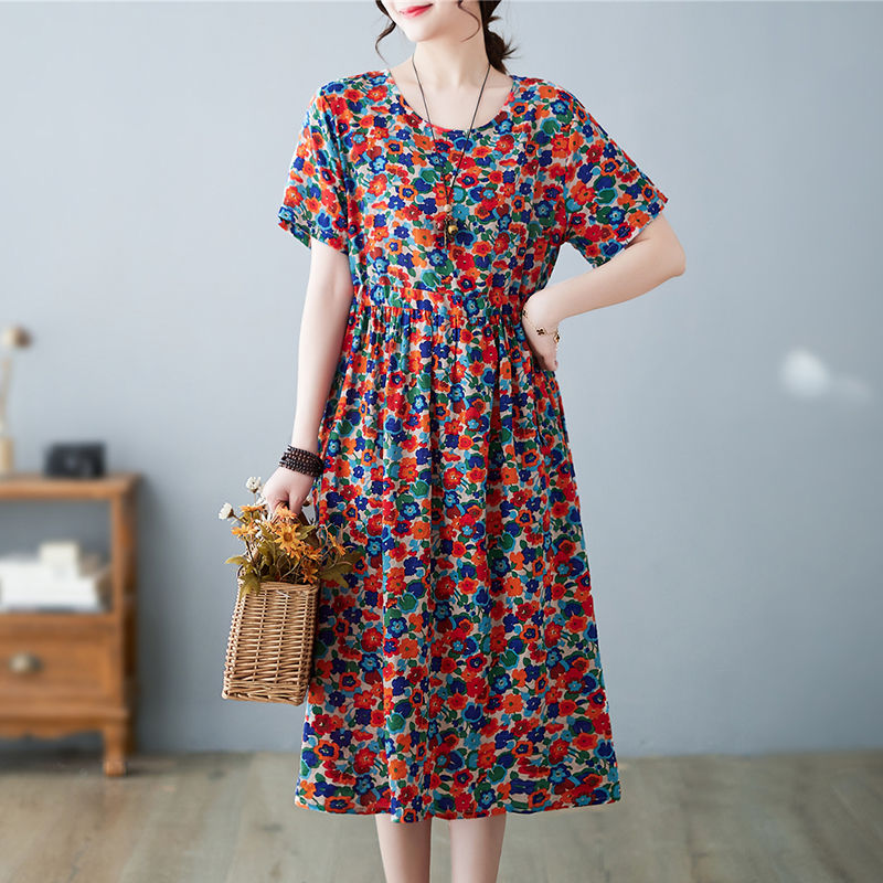 Summer Cotton Linen Literary Vintage Printing Loose Casual Robe Ladies Round Neck Lace Up Waist Dress Vestidos De Fiesta