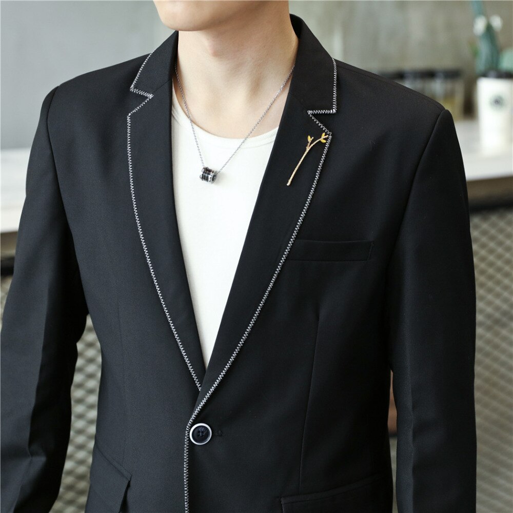 Mens casual blazers pak jasje Witte rand poly viscose Mannelijke kleding voorjaar slanke M-3XL revers pin