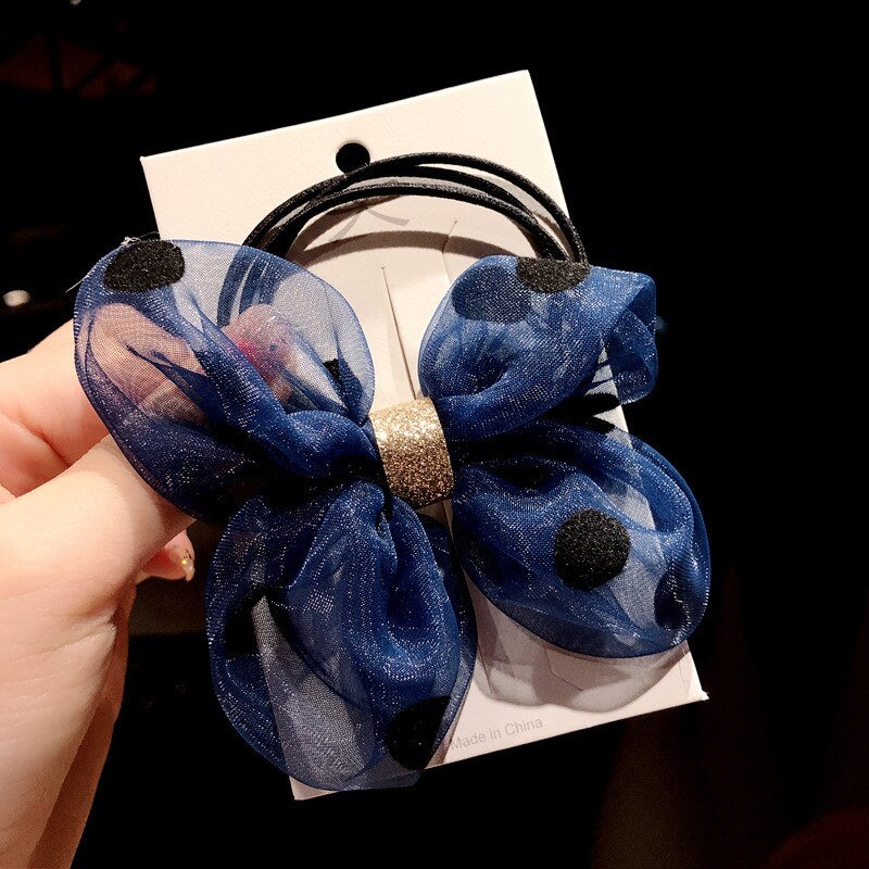 Netto Garen Kant Elastische Haarband Scrunchy Voor Meisjes Leuke Baby Kids Paardenstaart Houder Elastiekjes Bead Gom Ties Haar accessoires: Dark Blue Bow