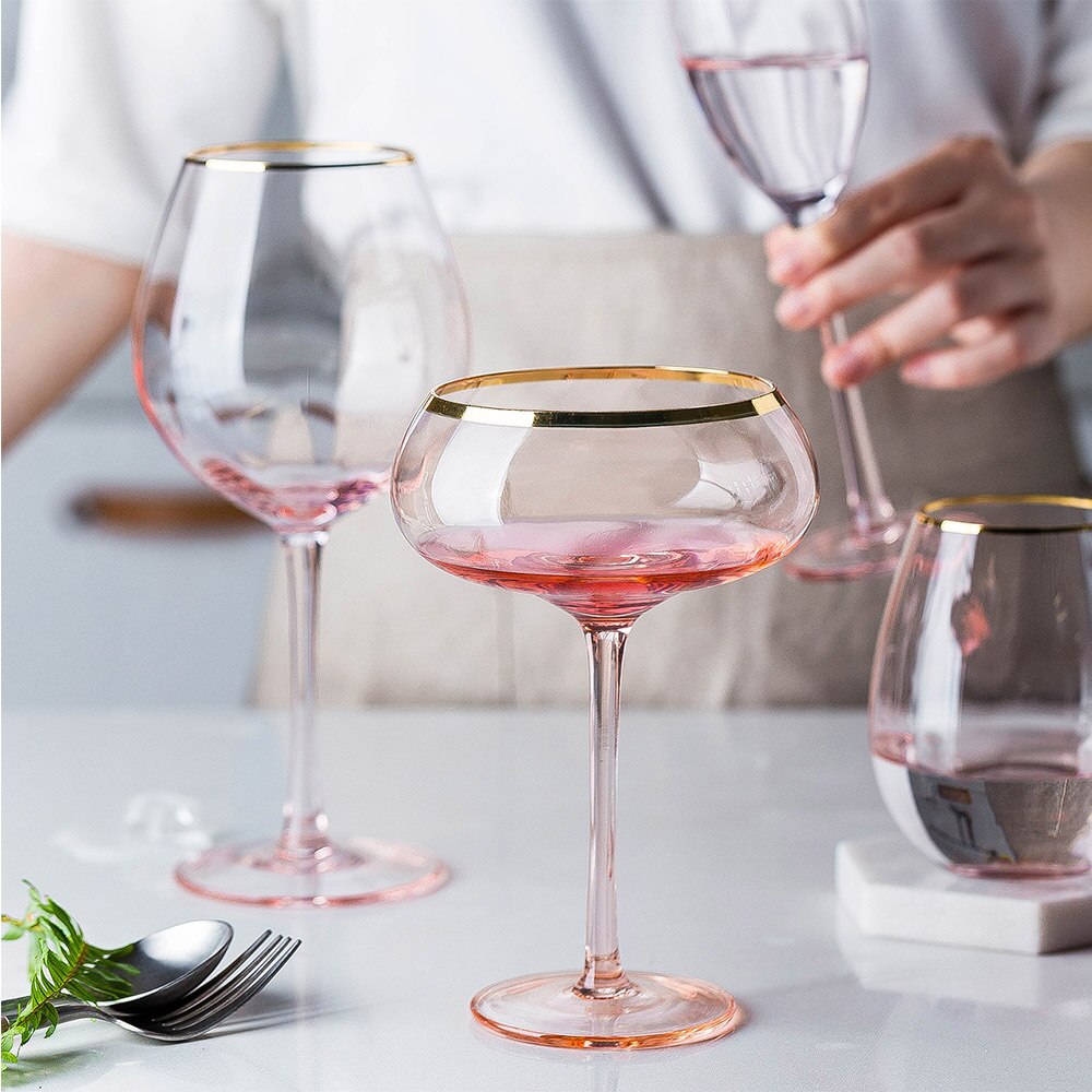 Copa de vino tinto con borde dorado, copa de champán, agua, helado, copa de vino chapada en oro para el hogar, Rosa