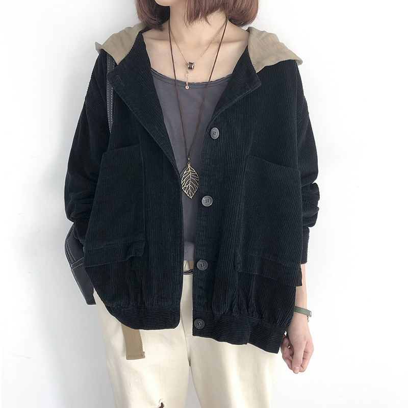 Chaqueta de pana casual suelta para mujer, chaqueta de color sólido de manga larga, abrigo de PANA con capucha, chaqueta de bolsillo de un solo pecho: black
