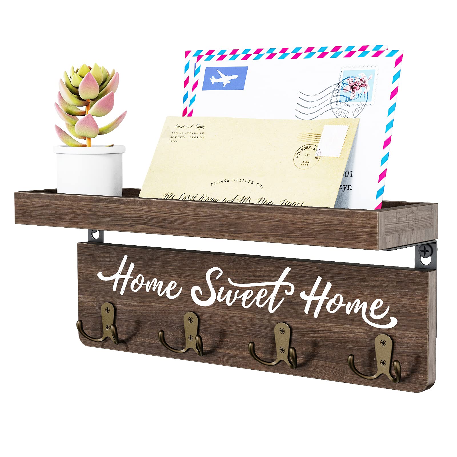 Wooden Key Holder for Wall with Shelf Home Entryway Decorative Key Hanger for Wall with 4 Double Key Hooks and Mail Organizer: Chocolate