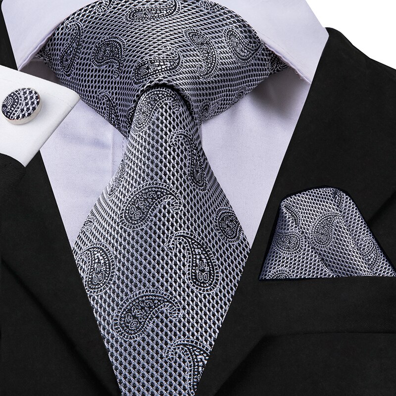 Hi-Tie, nueva corbata gris clásica para hombres, tela de seda Jacquard, juego de gemelos y pañuelo tejido para hombres, de , corbatas de seda SN-1466