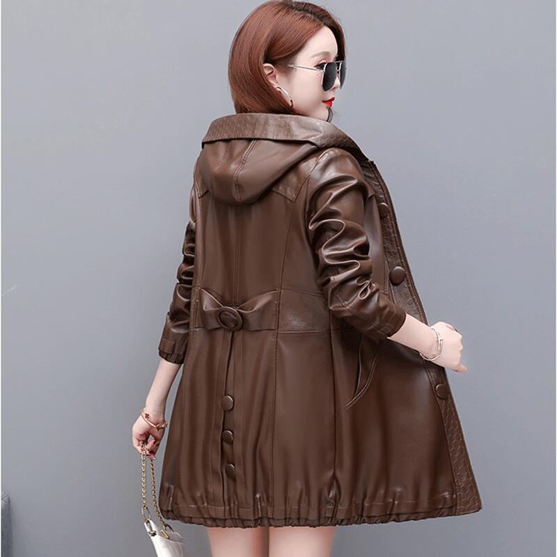Chaqueta de cuero con capucha para mujer, abrigo largo de talla grande 3XL y 4XL, ropa de primavera y otoño, novedad de 2022