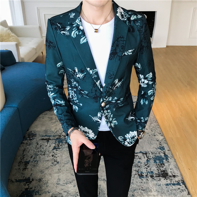 High-end personlighet blommig kostym jacka män, trend nattklubb frisör slim printed kostym, natt scen kostymer