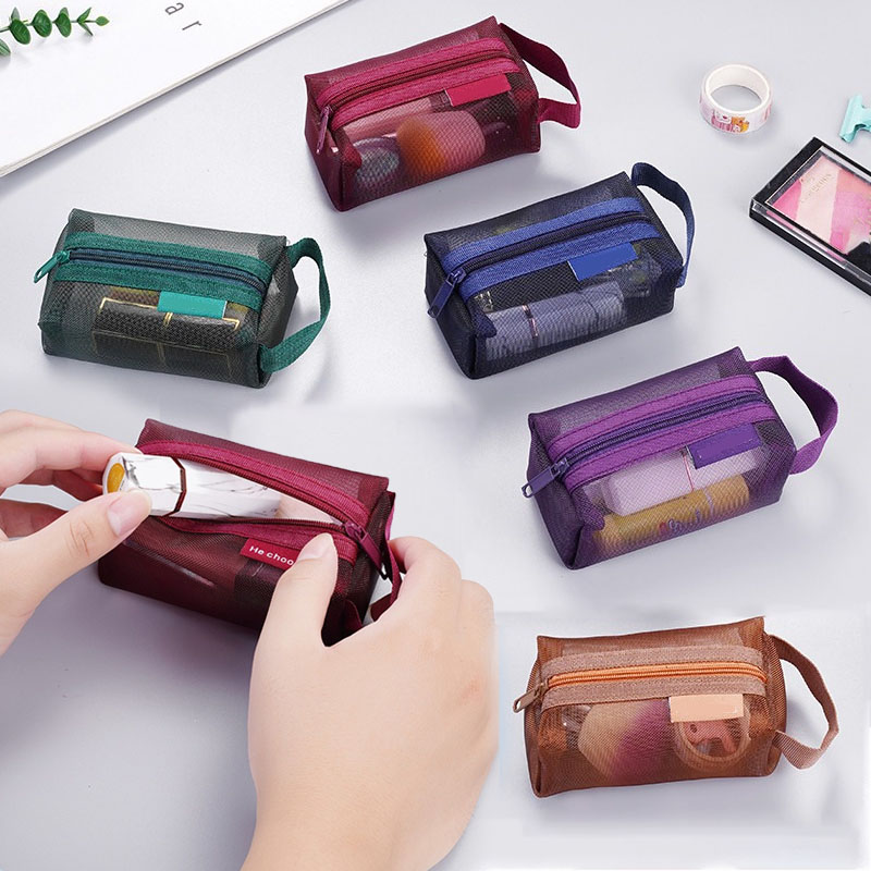 Mini-Kosmetiktaschen aus durchsichtigem Nylon-Mesh mit Griffen, tragbare Lippenstift-Make-up-Tasche für Frauen, kleiner Datenleitungsschlüssel, Kopfhörer-Organizer