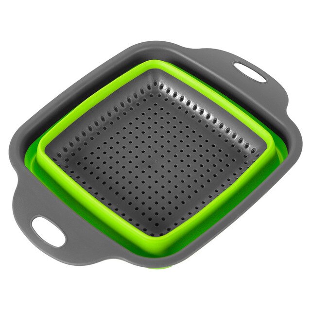 Mosodo Folding Drain Basket Multi-Function Washing Basket Retractable Fruit Basket Kitchen Storage Basket: square-green / L