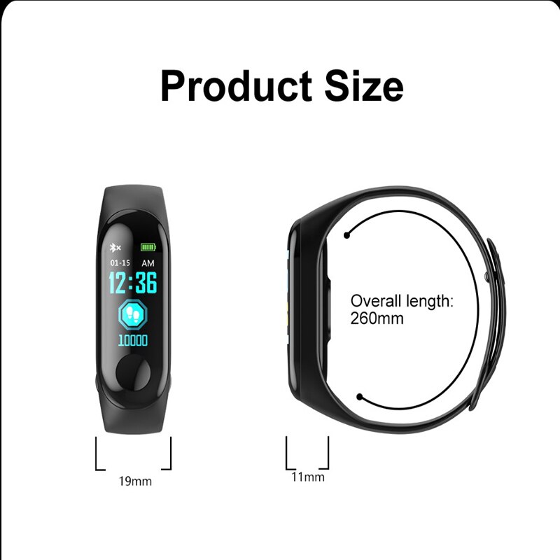 M3 Color Screen Men's Smartband Heart Rate Blood Pressure Mode Sleep Monitoring Multiple Reminders IOS Android Smart Watch
