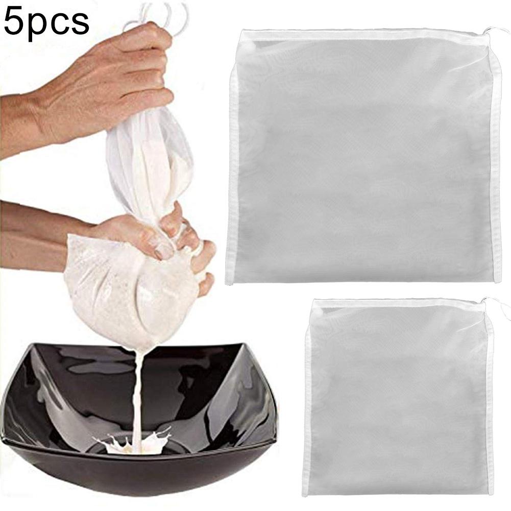 5Pcs Homemade Reusable Food Fruit Beer Filter Bag Squeeze Juice Grid Mesh Brewing Boiling Herb Strainer Filtering Net Pouch