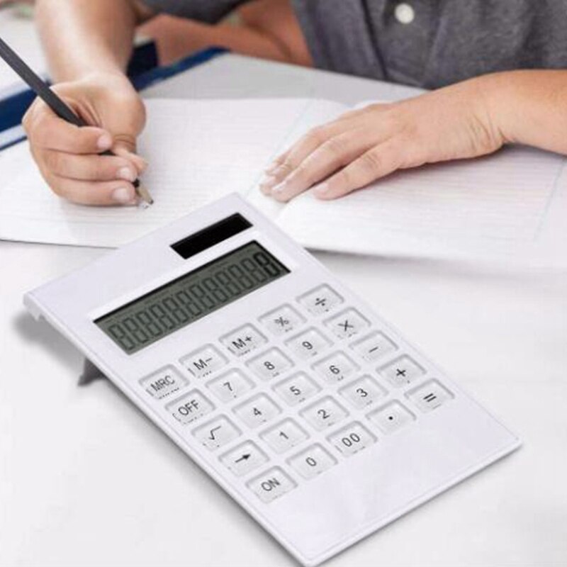 Ultra Thin Portable Thin AAA Battery Solar Powered Dual Power Calculator Screen 12 Digit Office Calculator, White