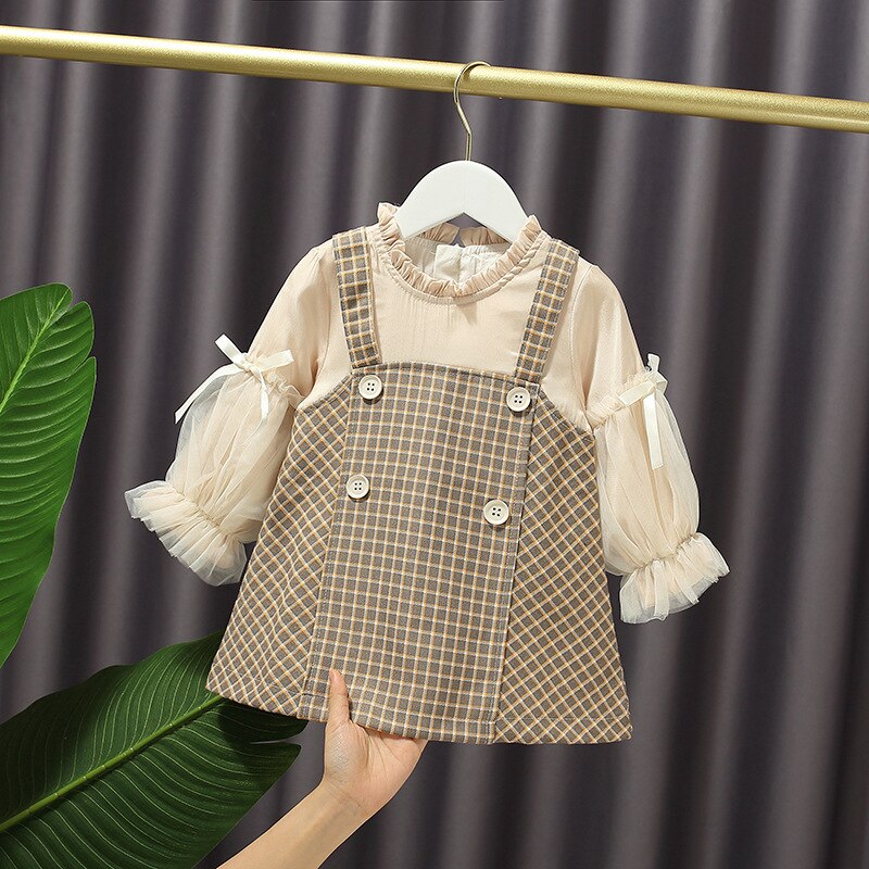 Filles automne Plaid faux deux pièces manches bouffantes robe de princesse Style britannique jupe décontracté complet au-dessus du genou, Mini coton régulier: 3T