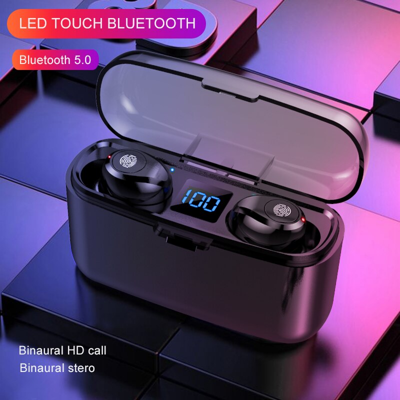 Bluetooth Kopfhörer F9 TWS 5,0 Drahtlose Touch Control Stereo Drahtlose Ohrhörer Headset Mit Power Bank Headset für IPhone Android