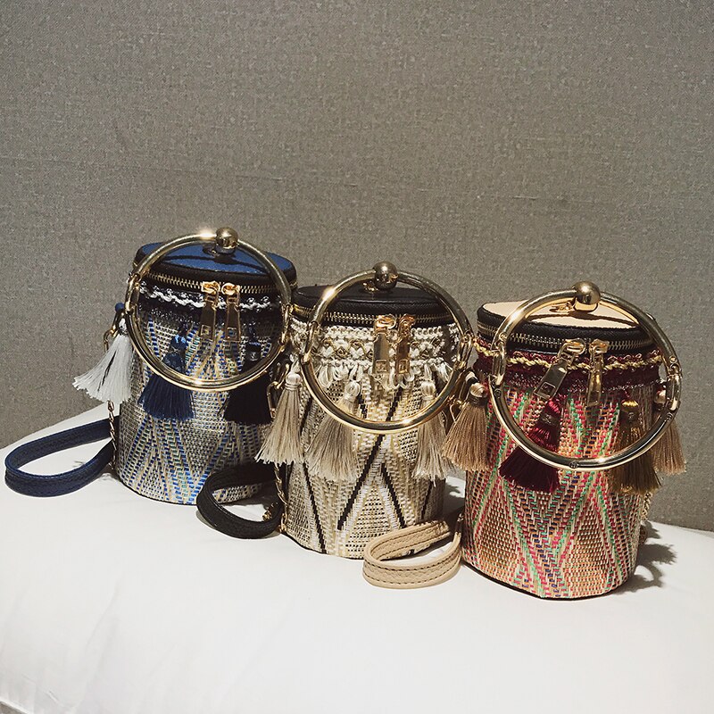 Stroh Damen Quaste Tote Tasche Schulter Taschen Zylinder Form Kette Geldbörse Und Handtaschen Mini Bolsa