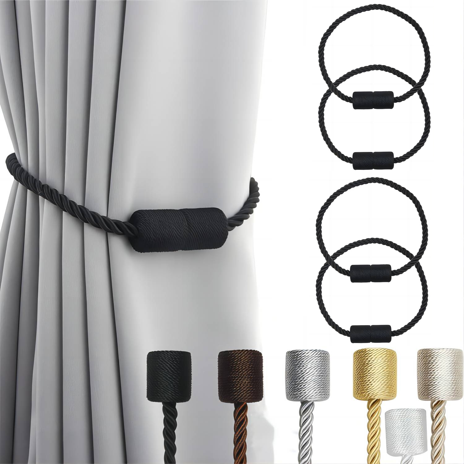 4-delige magnetische gordijnbanden, gordijngespen voor thuis, gordijnbanden voor vaste gordijnen en gordijnen, geschikt voor huisdecoratie voor slaapkamer en woonkamer: Black